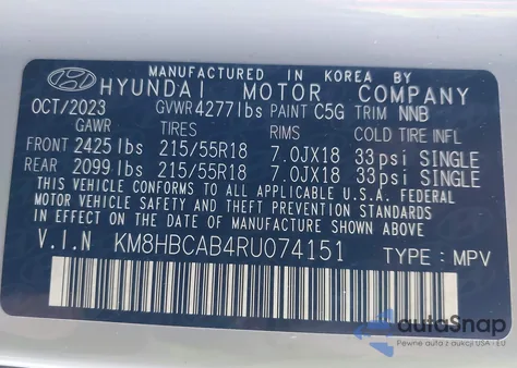 2024 Hyundai Kona Sel from USA, damaged, VIN KM8HBCAB4RU074151